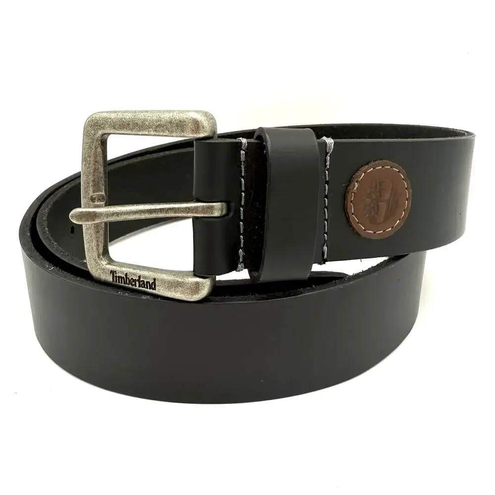 Timberland Men's Black Leather Belt Size 36 Logo Patch Distressed Buckle